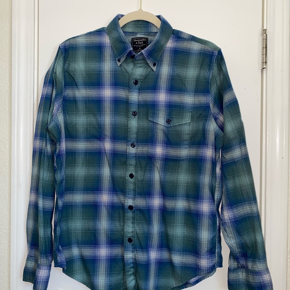 Abercrombie & Fitch Blue and Green Casual Flannel Button Down Shirt